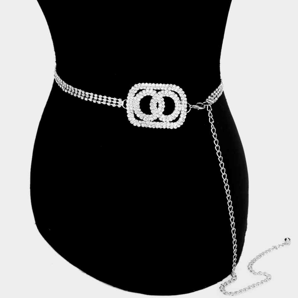 Silver Clear Crystal Double Open Circle Chain Belt - Picture 2 of 2